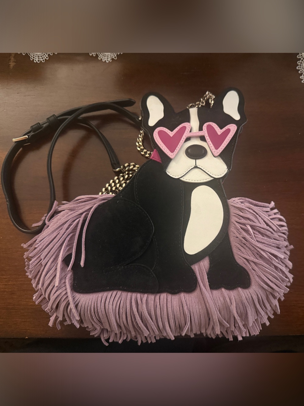 Playful Dog-Shaped Fringe Crossbody Bag in Black and Lavender